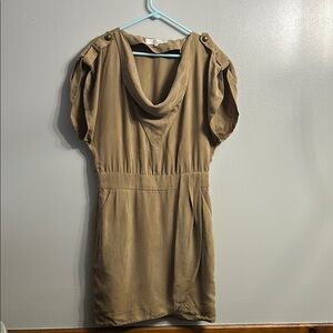 Trina Turk Tan Ruched Cowl Neck Sheath Dress with Puff Cap Sleeves